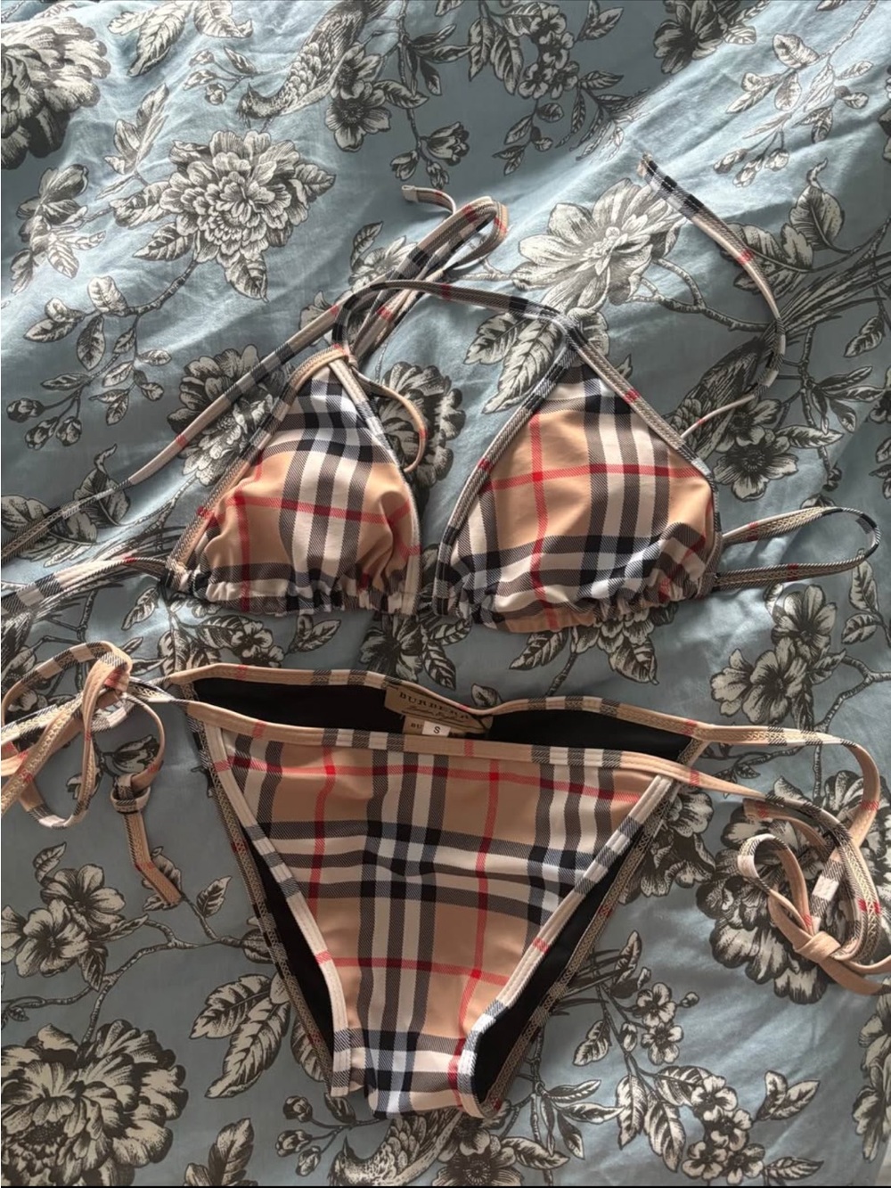 Burberry Tan Plaid Triangle String Bikini Set